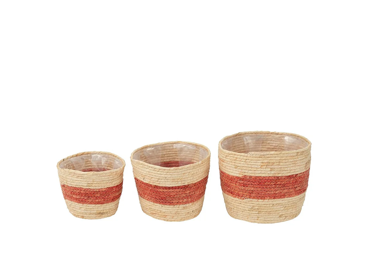 Lot de 3 Paniers Déco "Ligne" 26cm Naturel & Rouge