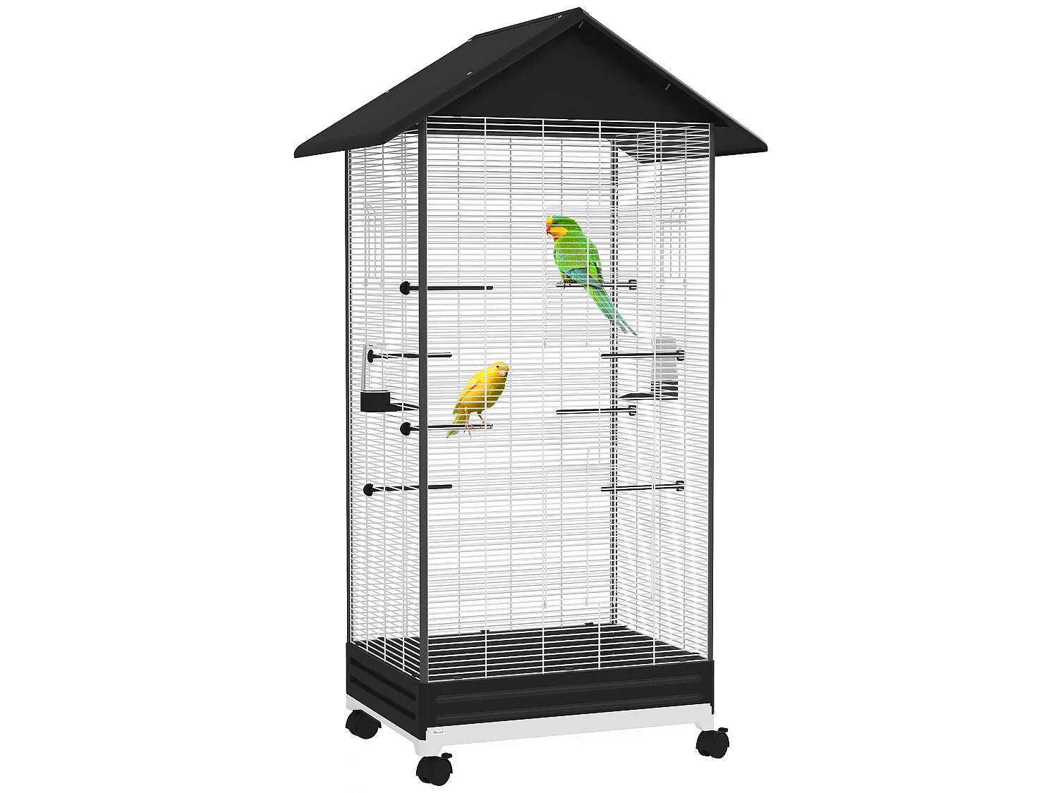 Cage oiseau sur roulettes - grande volière - plateau dejection amovible, mangeoires, perchoirs, portes - blanc noir