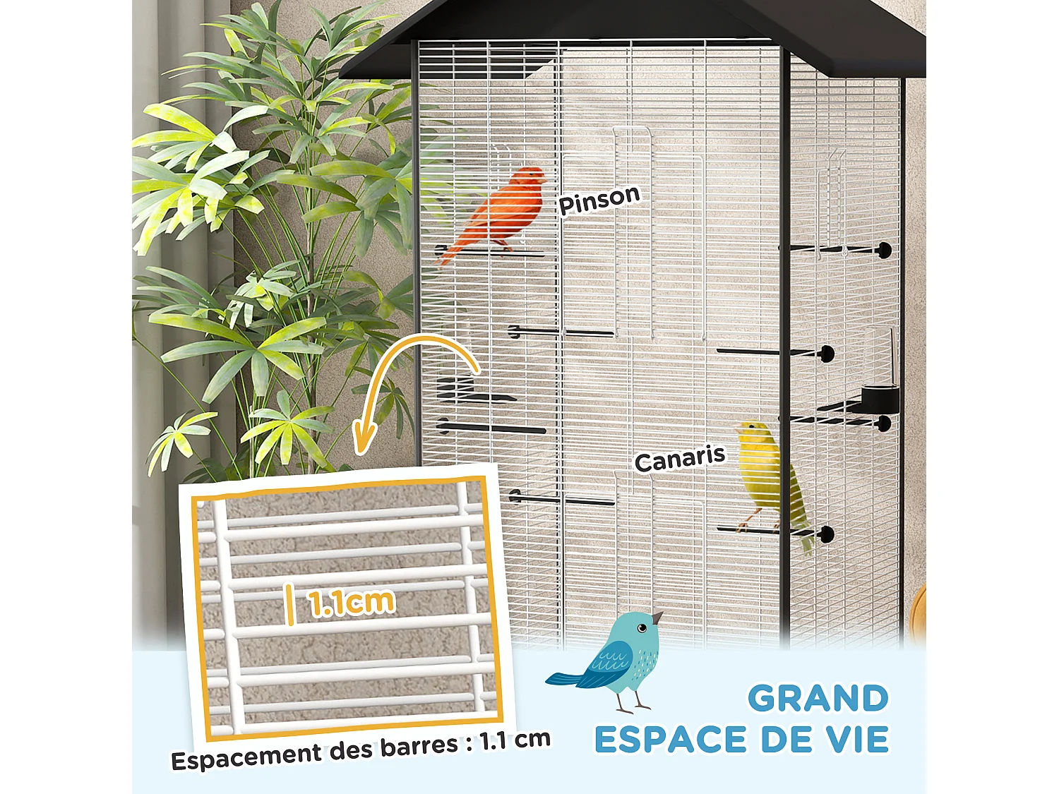 Cage oiseau sur roulettes - grande volière - plateau dejection amovible, mangeoires, perchoirs, portes - blanc noir