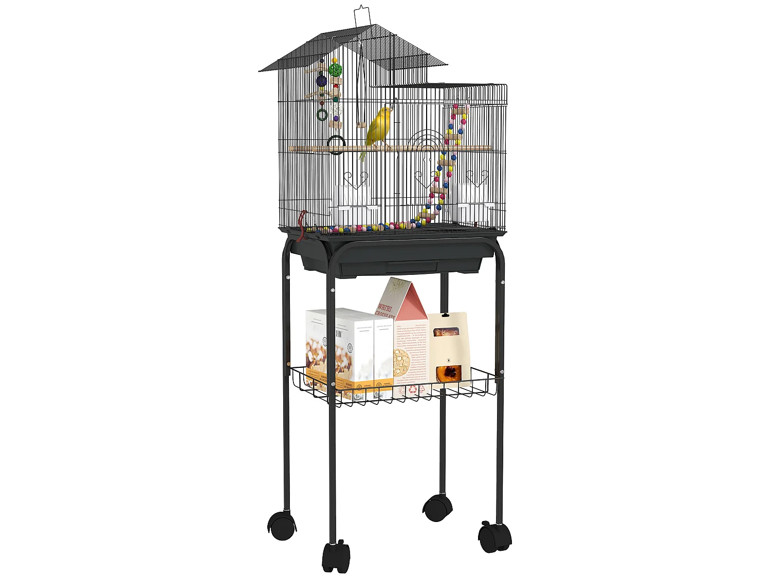 Cage à oiseaux 46 x 36 x 120 cm étagère 2 mangeoires 2 perchoirs balançoire échelle jouet noir