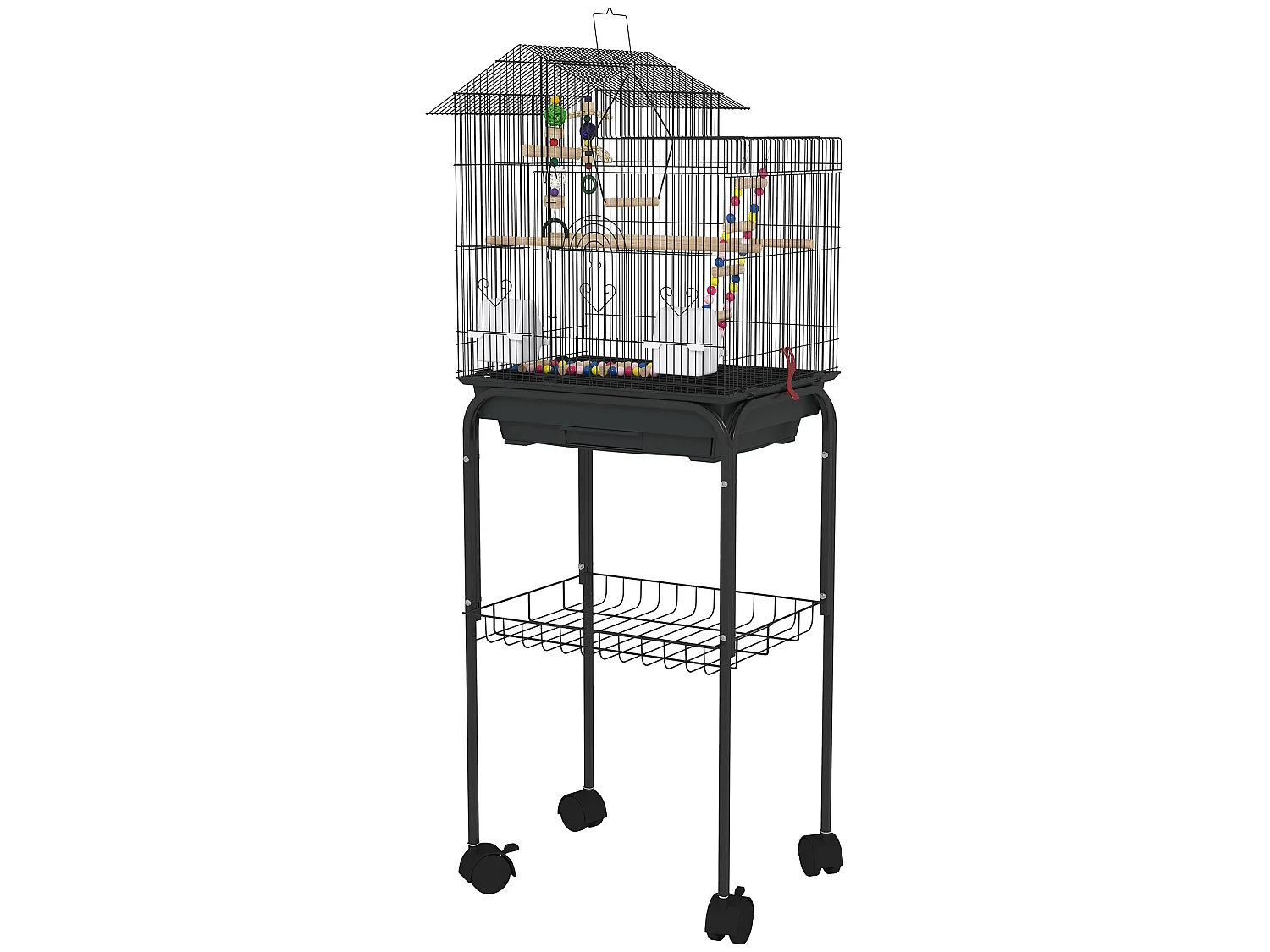 Cage à oiseaux 46 x 36 x 120 cm étagère 2 mangeoires 2 perchoirs balançoire échelle jouet noir