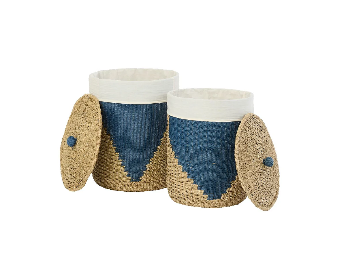 Lot de 2 Paniers de Rangement "Lamont" 50cm Naturel & Bleu