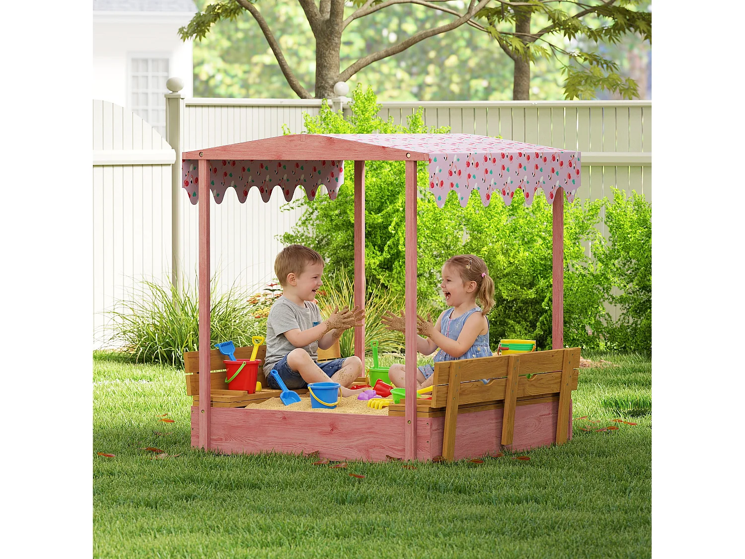 Bac à sable enfant couvercle siège pliable auvent bois rose