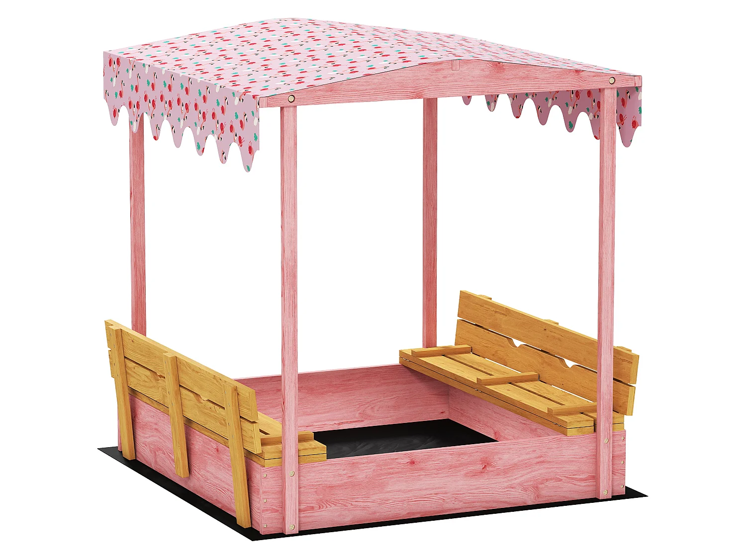 Bac à sable enfant couvercle siège pliable auvent bois rose