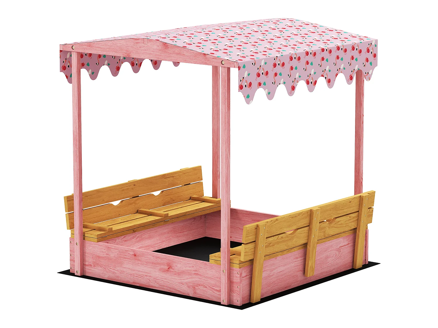 Bac à sable enfant couvercle siège pliable auvent bois rose
