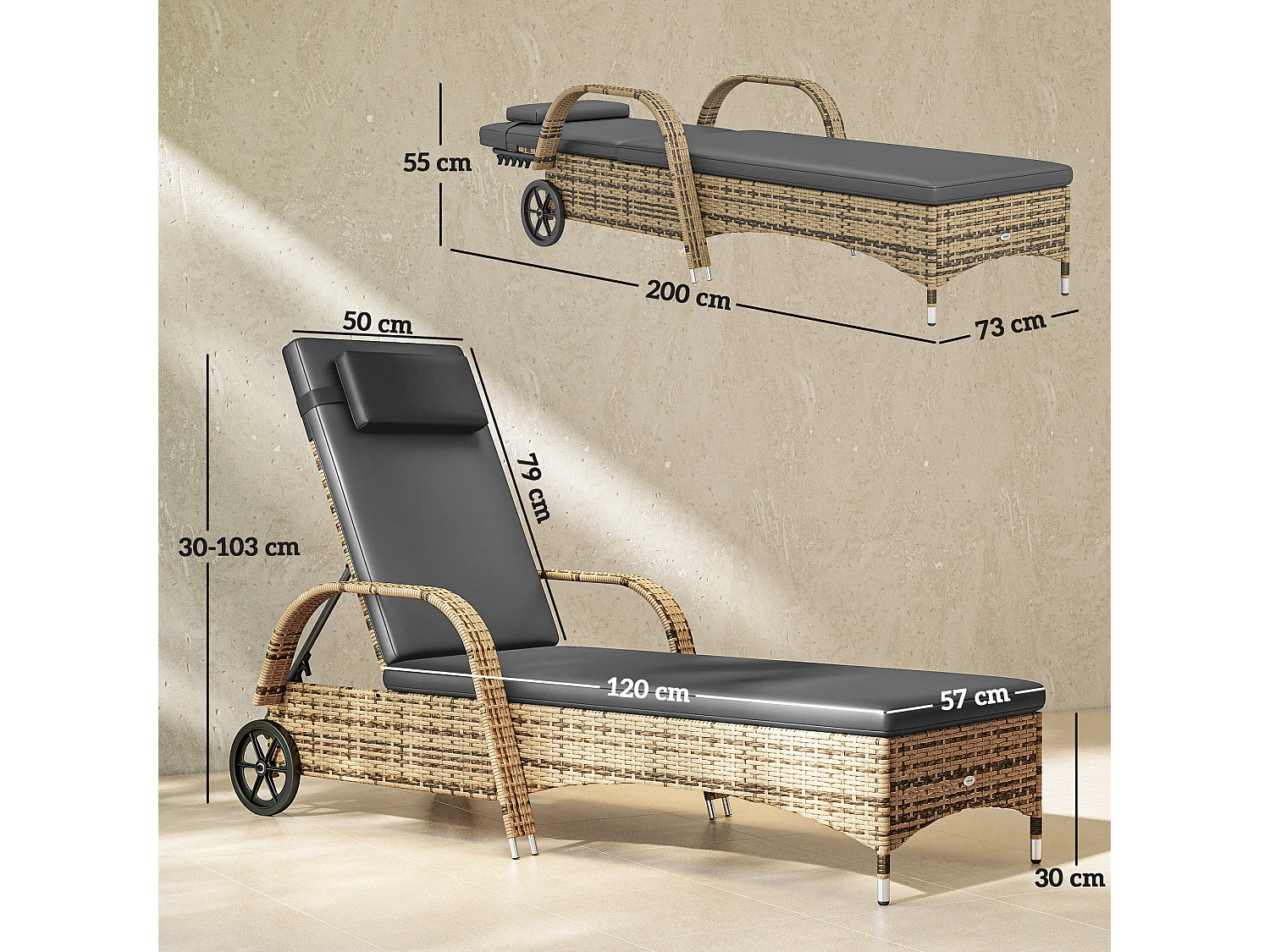Transat bain de soleil grand confort : matelas, têtière, inclinaison réglable multipositions, accoudoirs, roulettes résine tressée beige