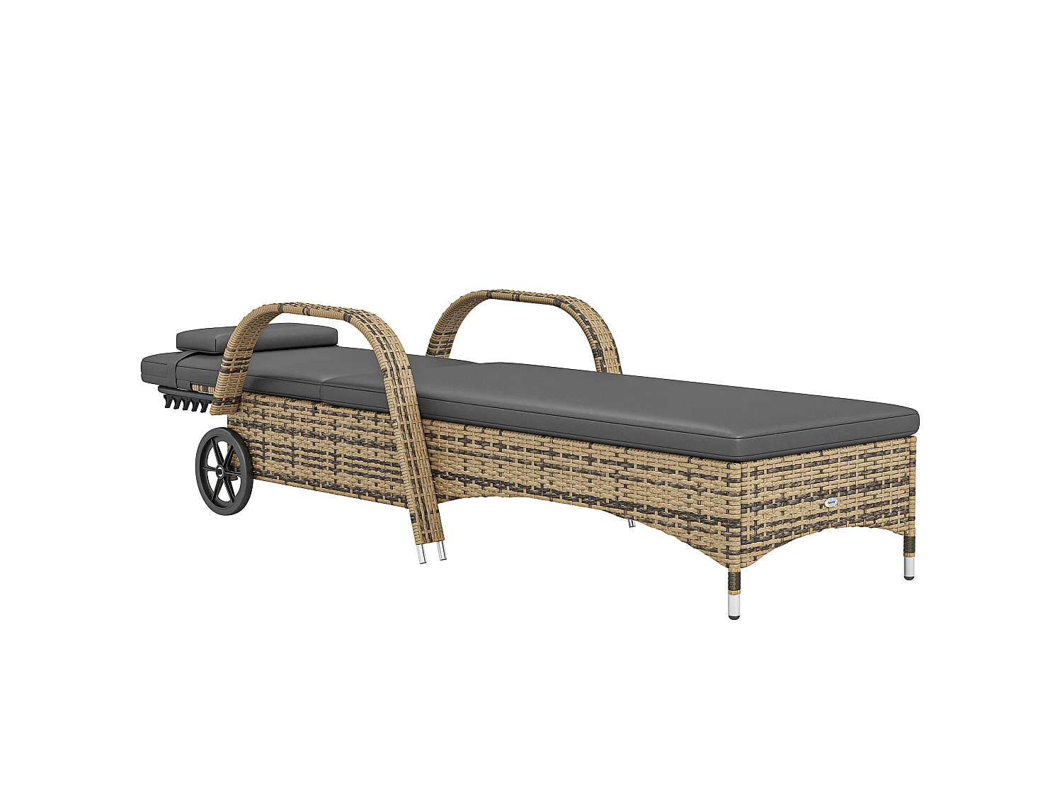 Transat bain de soleil grand confort : matelas, têtière, inclinaison réglable multipositions, accoudoirs, roulettes résine tressée beige