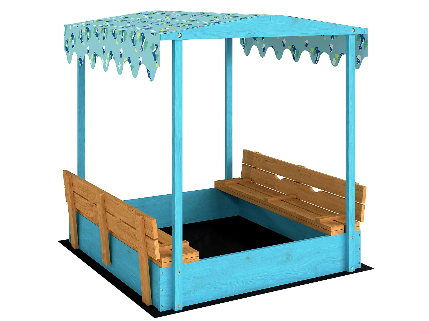Bac à sable enfant couvercle siège pliable auvent bois bleu