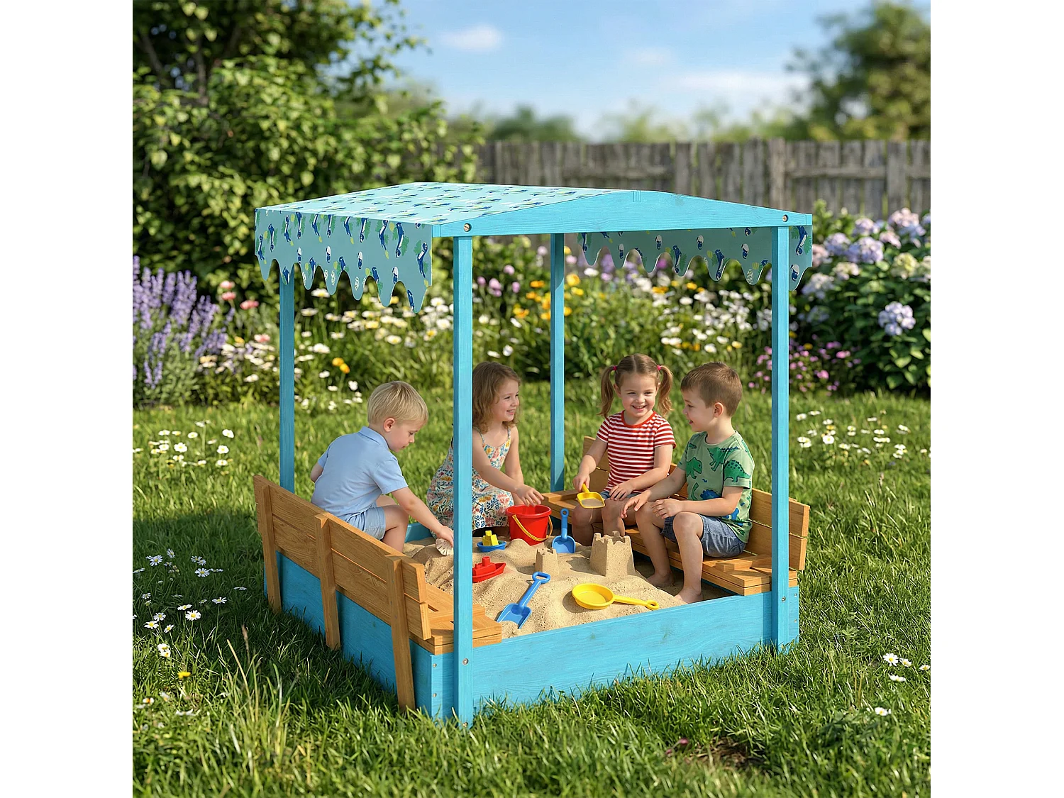 Bac à sable enfant couvercle siège pliable auvent bois bleu