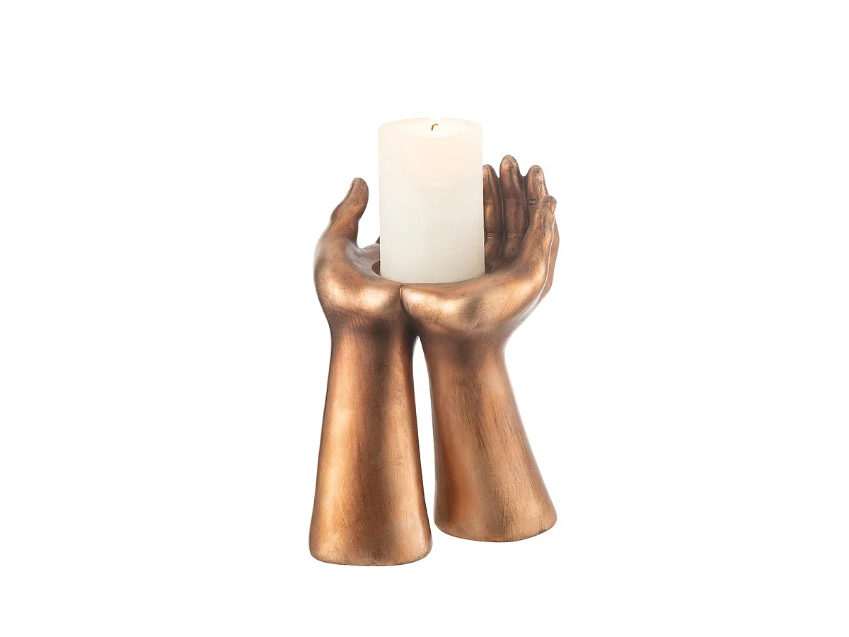 Bougeoir Déco en Résine "Mains" 25cm Cuivre