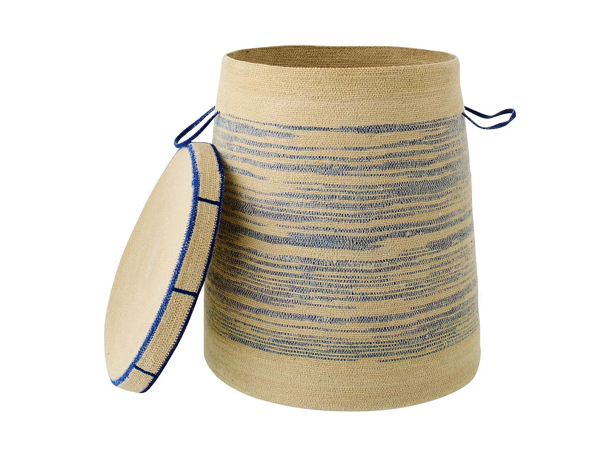Panier Avec Couvercle en Jonc "Galene" 60cm Naturel & Bleu