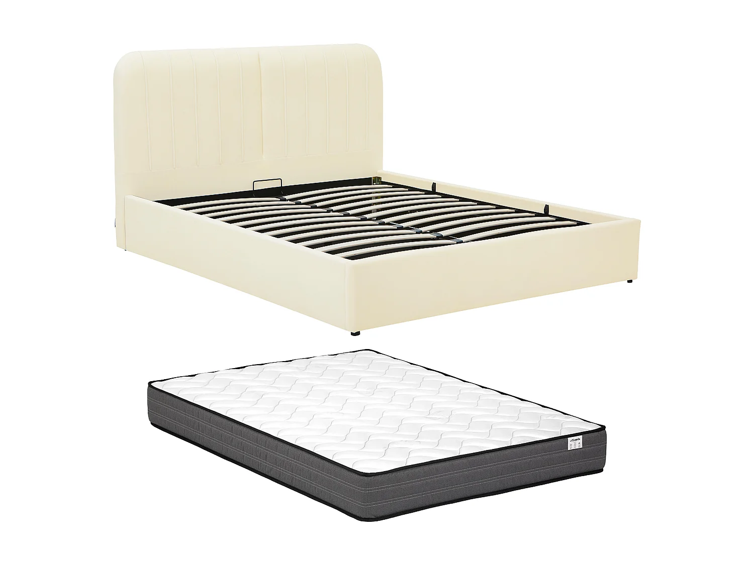 Lit coffre 160 x 200 cm - Tissu effet velours - Beige + matelas - SORYLA