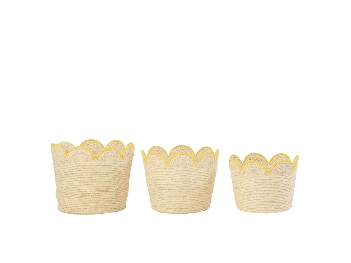 Lot de 3 Paniers de Rangement "Fleur" 44cm Naturel & Jaune