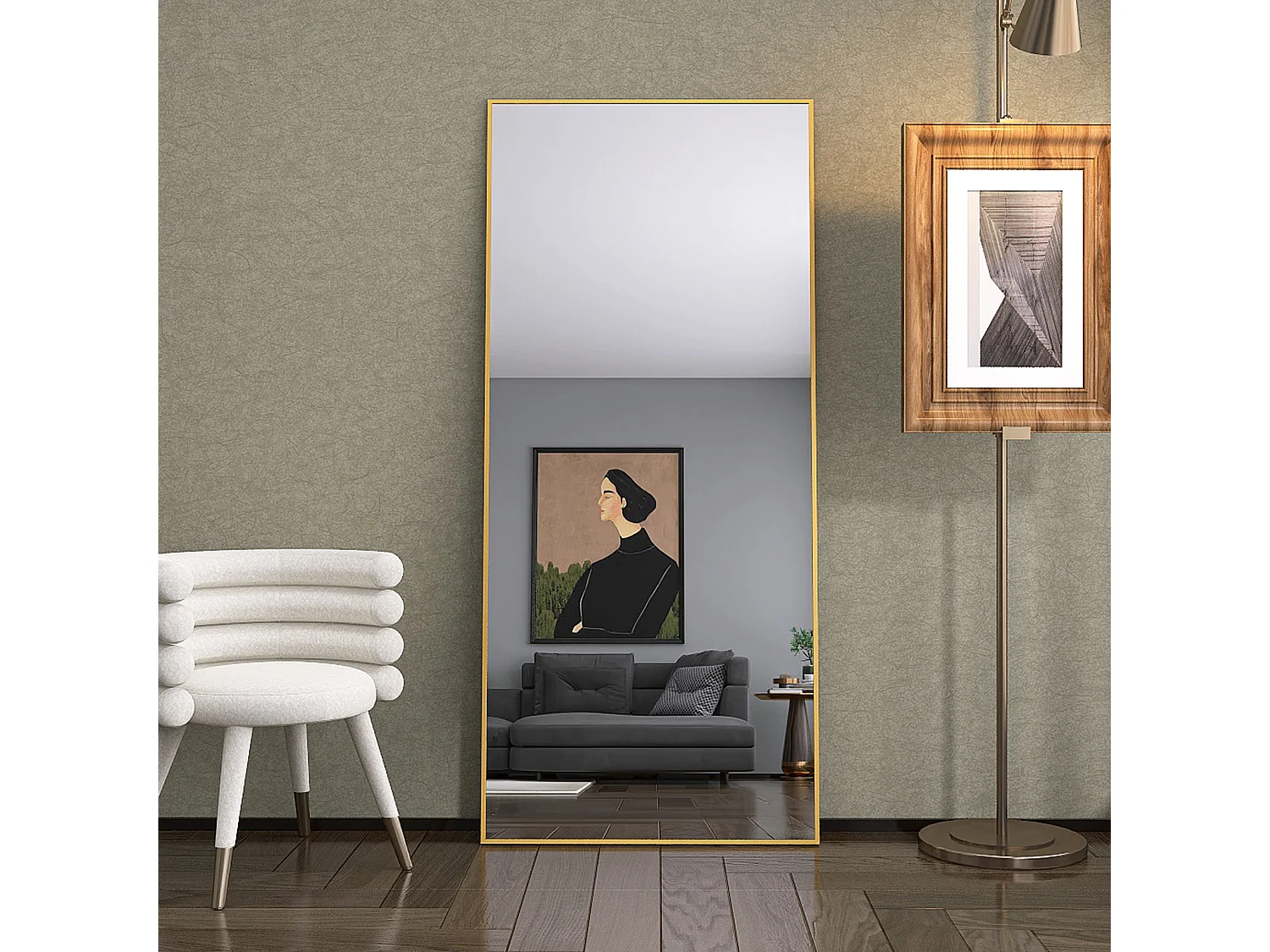 Miroir Plein Corps Rectangulaire 180x80cm, Cadre En Aluminium Doré, Verre Trempé, Au Sol Ou Mural, Pour Chambre Et Salon