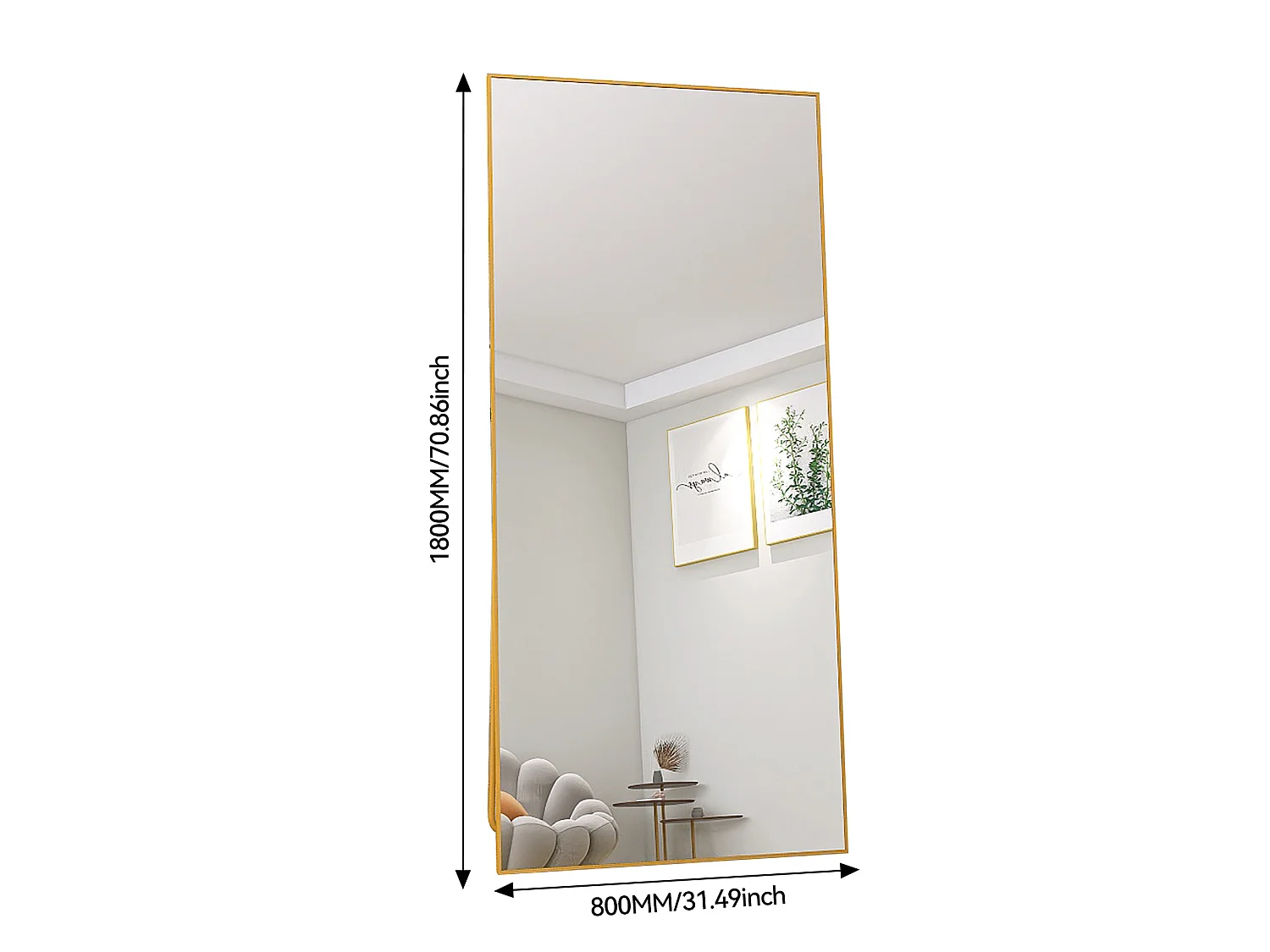 Miroir Plein Corps Rectangulaire 180x80cm, Cadre En Aluminium Doré, Verre Trempé, Au Sol Ou Mural, Pour Chambre Et Salon