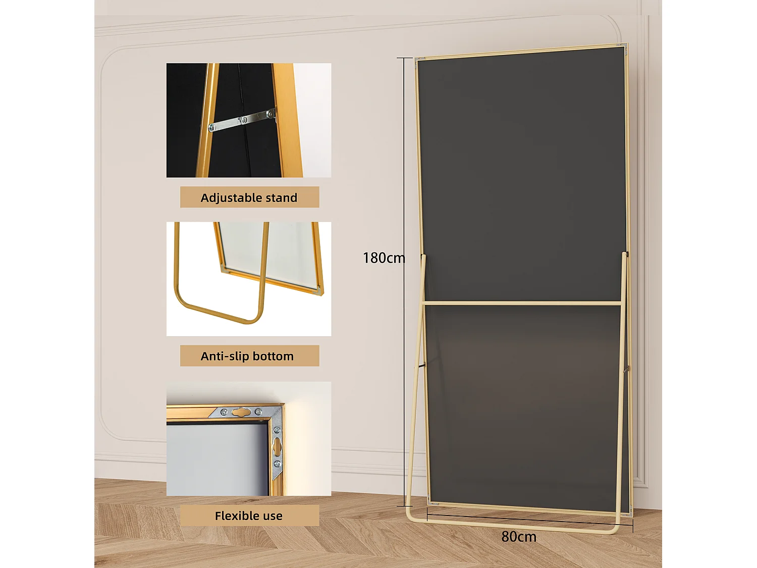 Miroir Plein Corps Rectangulaire 180x80cm, Cadre En Aluminium Doré, Verre Trempé, Au Sol Ou Mural, Pour Chambre Et Salon