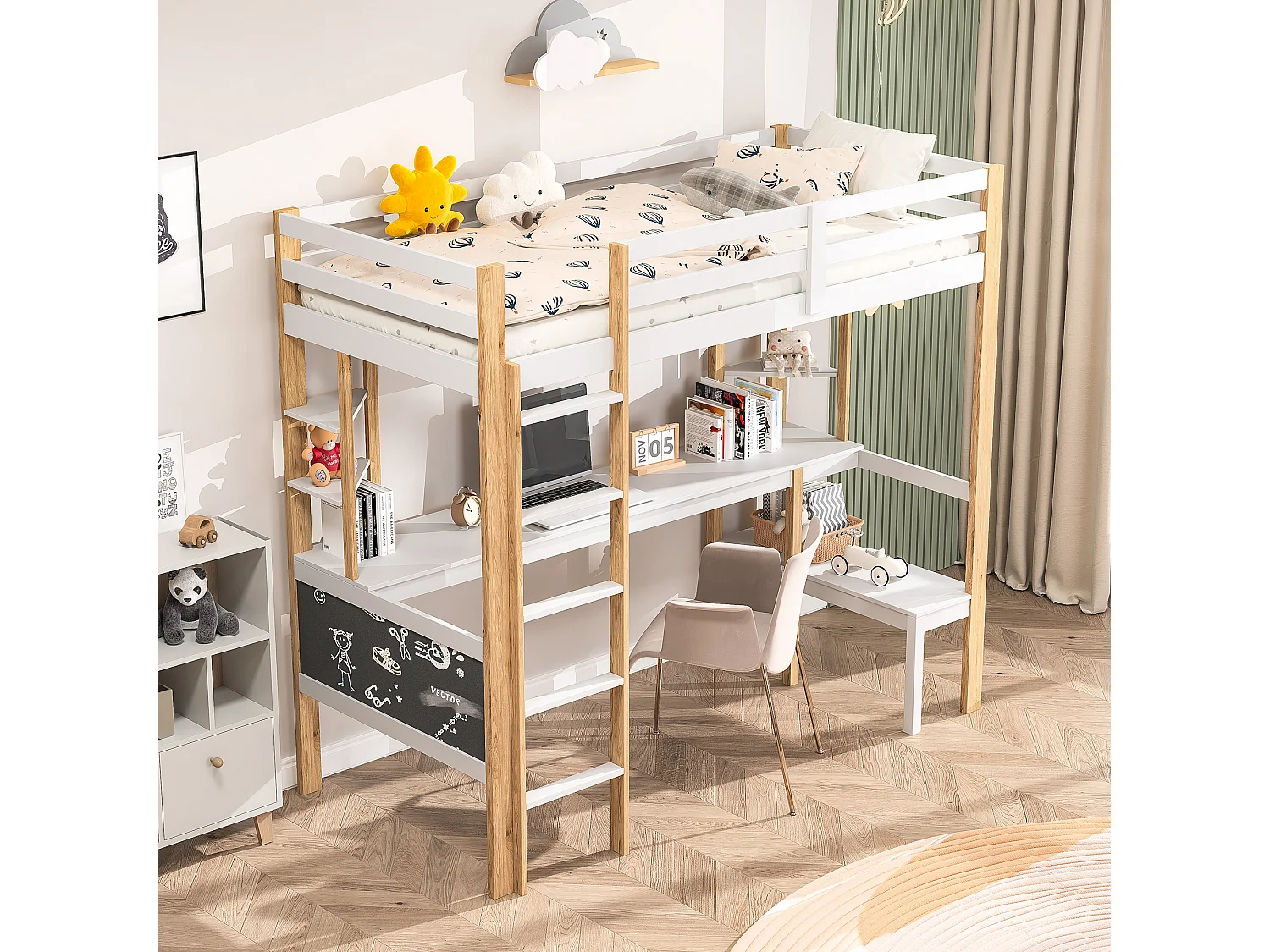 Lit Superposé 90 x 200 cm avec Bureau et Étagère - Lit Enfant Multifonction en Bois de Pin, Échelle Stable et Barrières de Sécurité