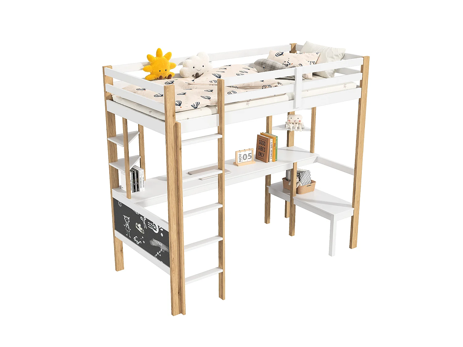 Lit Superposé 90 x 200 cm avec Bureau et Étagère - Lit Enfant Multifonction en Bois de Pin, Échelle Stable et Barrières de Sécurité