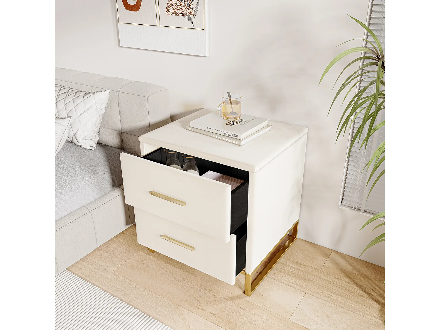 Lot De 2 Tables De Chevet, 2 Tiroirs, Revêtement Tissu Velours, Structure Métallique Moderne (Blanc - 40x40x50cm)