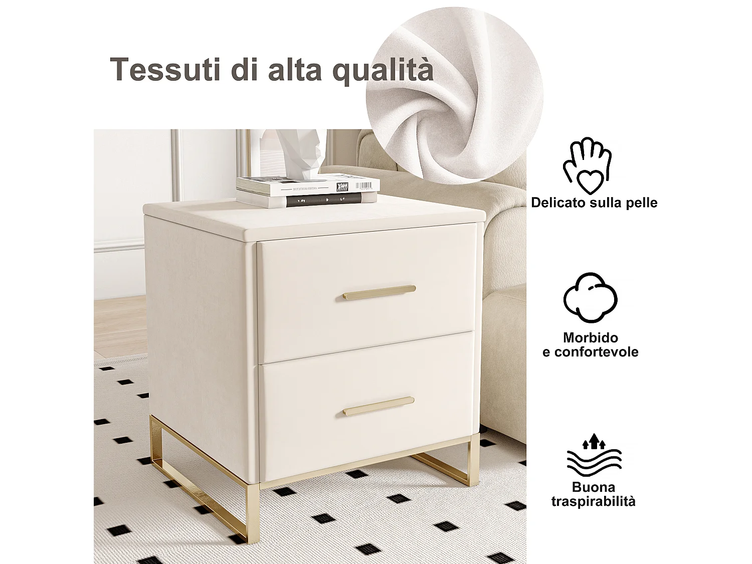 Lot De 2 Tables De Chevet, 2 Tiroirs, Revêtement Tissu Velours, Structure Métallique Moderne (Blanc - 40x40x50cm)