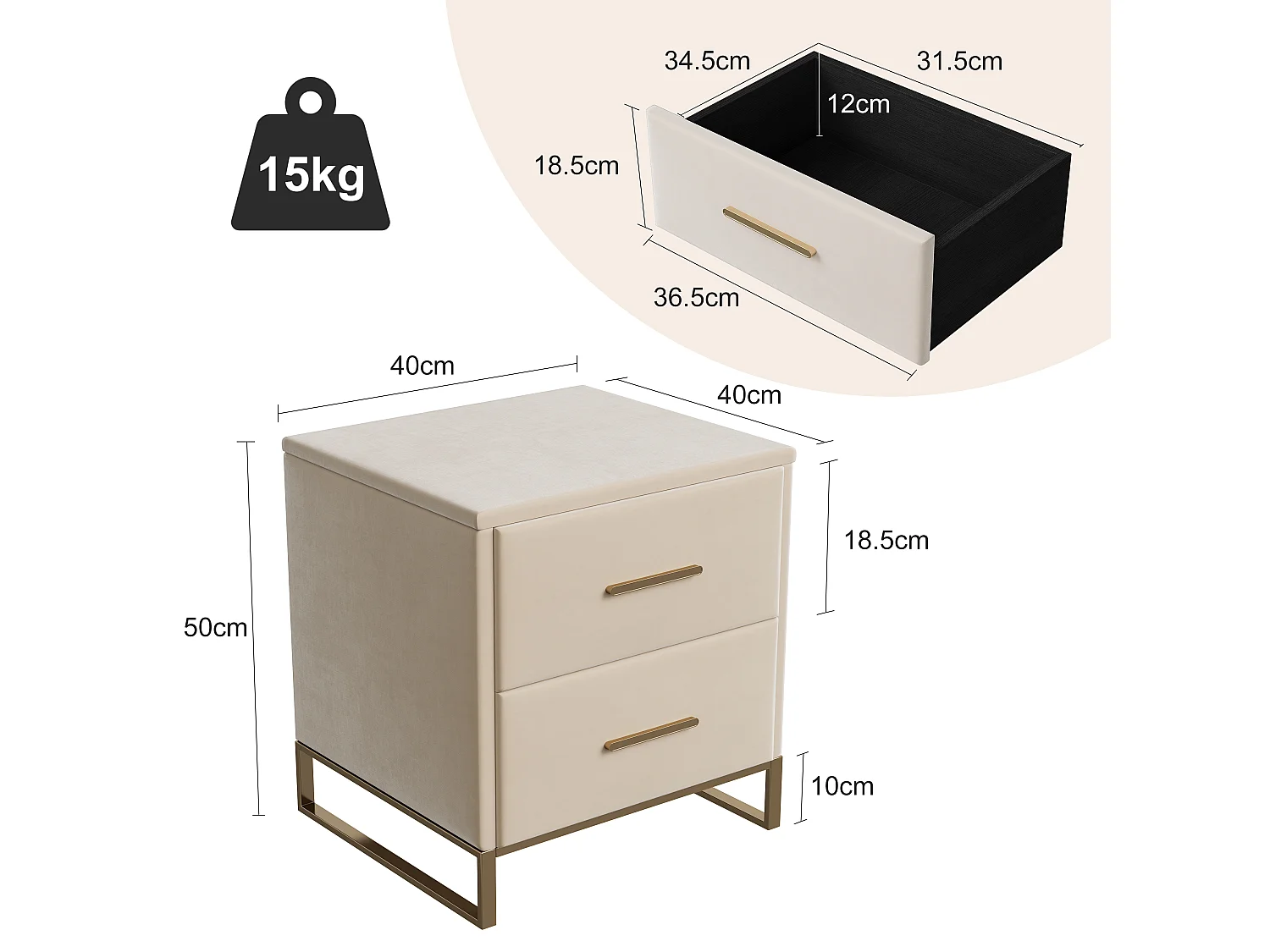 Lot De 2 Tables De Chevet, 2 Tiroirs, Revêtement Tissu Velours, Structure Métallique Moderne (Blanc - 40x40x50cm)