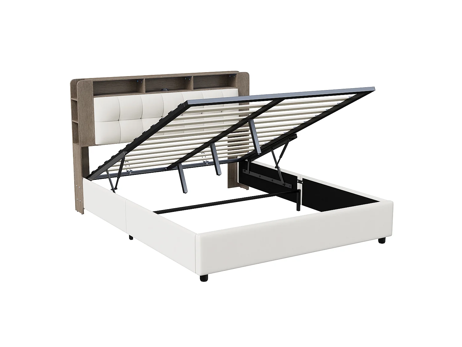 Lit double 140x200cm avec  LED et USB+type-c+levier pneumatique, Gris, velours