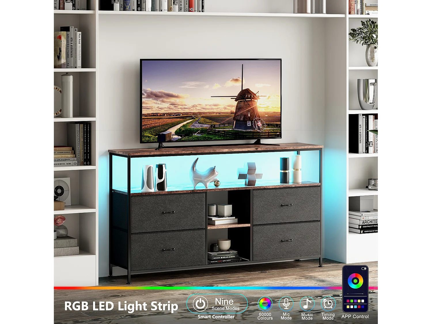 Meuble TV Avec Tiroirs En Tissu, Support TV Bandeau Lumière LED RGB, Meuble Multifonction Pour Salon Et Bar, 137x29,8x78cm