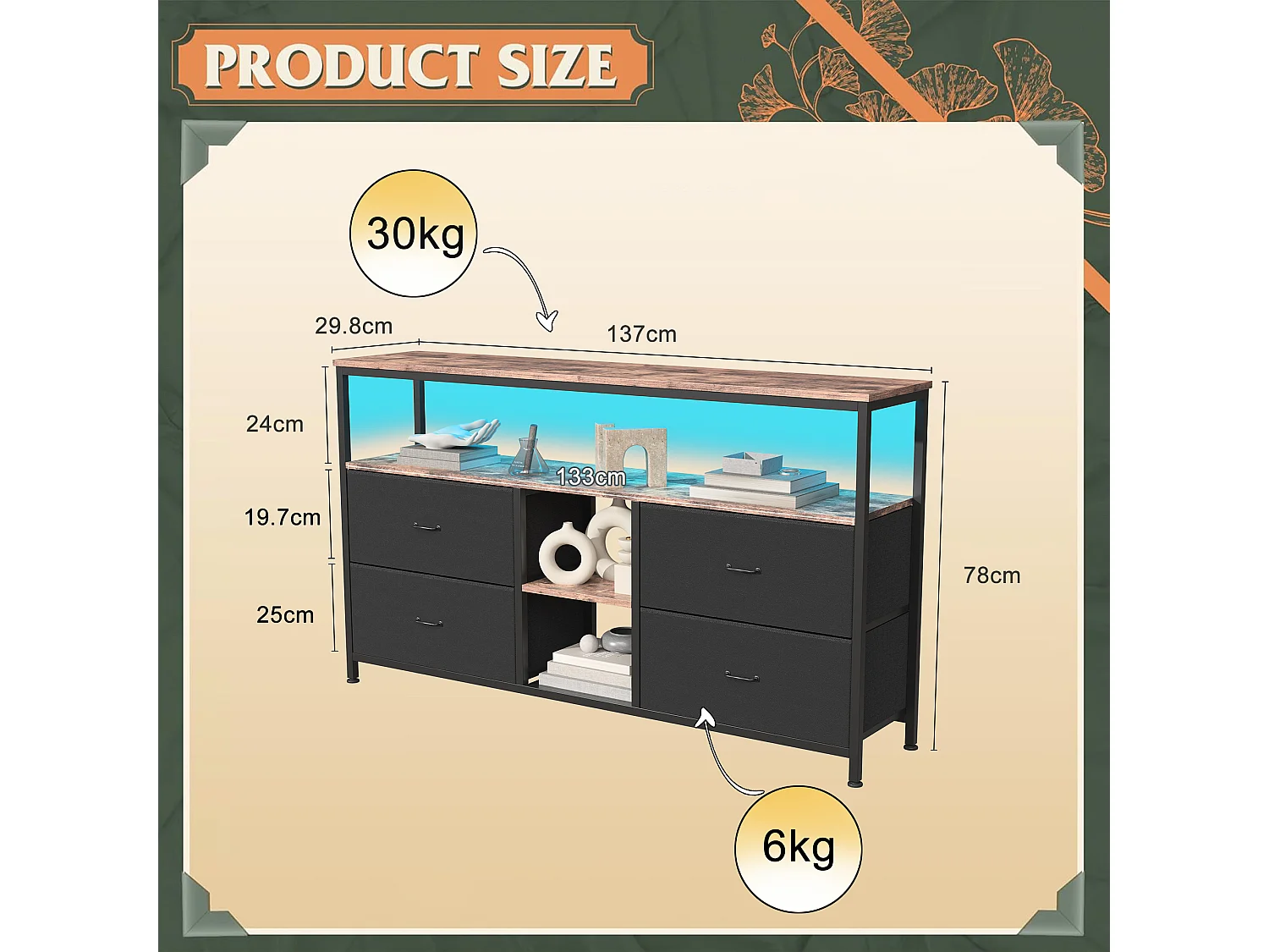Meuble TV Avec Tiroirs En Tissu, Support TV Bandeau Lumière LED RGB, Meuble Multifonction Pour Salon Et Bar, 137x29,8x78cm