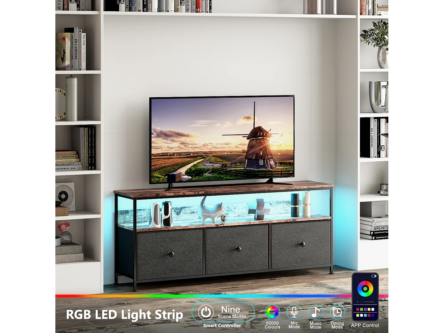 Meuble TV Avec Tiroirs En Tissu, Support TV Bandeau Lumière LED RGB, Meuble Multifonction Pour Salon Et Bar, 108x29,8x57cm