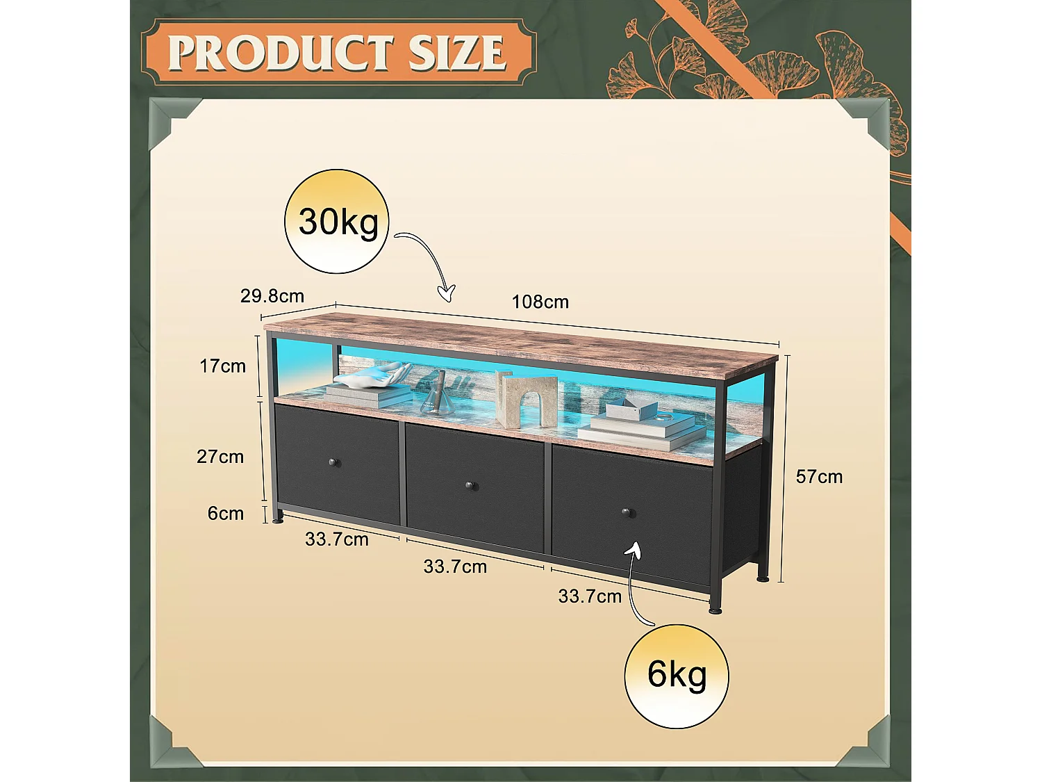 Meuble TV Avec Tiroirs En Tissu, Support TV Bandeau Lumière LED RGB, Meuble Multifonction Pour Salon Et Bar, 108x29,8x57cm