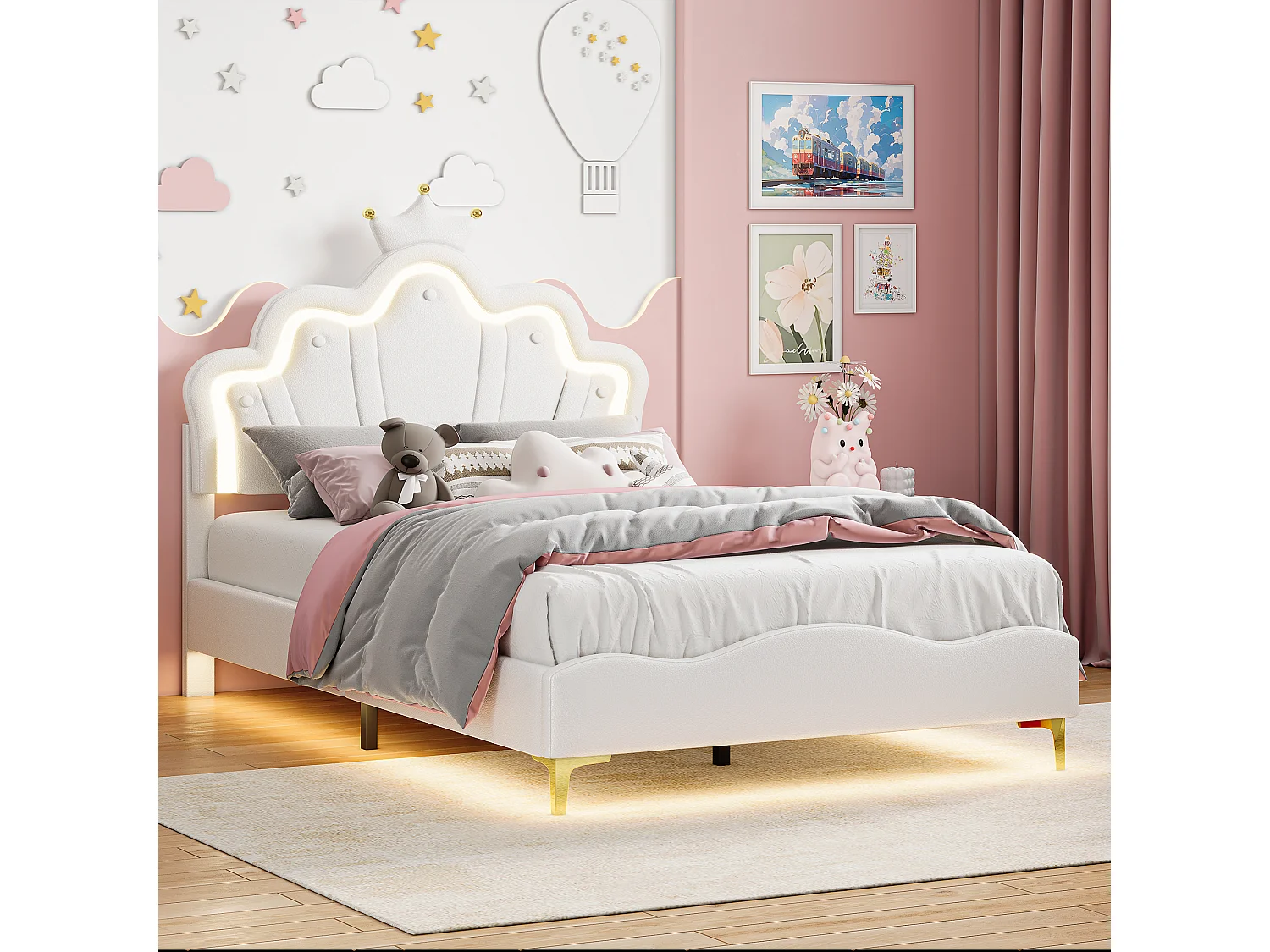 Lit Enfant Fille 140x190CM,Tête de lit Couronne LED RGB,Tête réglable,Lit princesse Sommier inclus,Tissu PU,Blanc