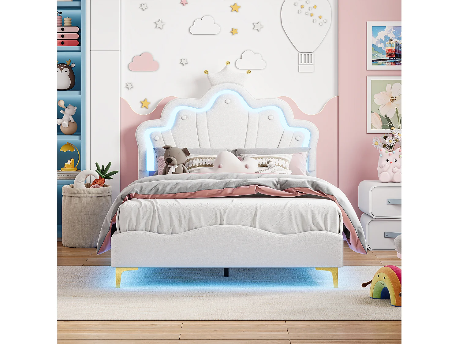 Lit Enfant Fille 140x190CM,Tête de lit Couronne LED RGB,Tête réglable,Lit princesse Sommier inclus,Tissu PU,Blanc