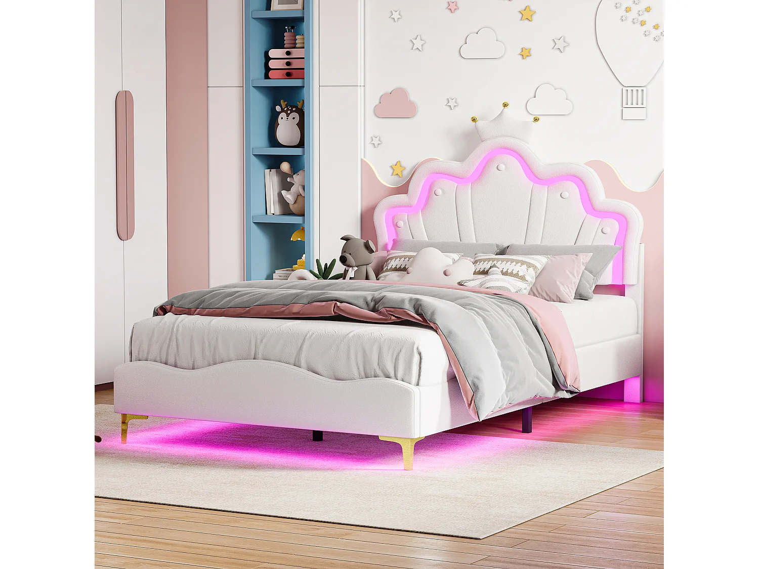 Lit Enfant Fille 140x190CM,Tête de lit Couronne LED RGB,Tête réglable,Lit princesse Sommier inclus,Tissu PU,Blanc