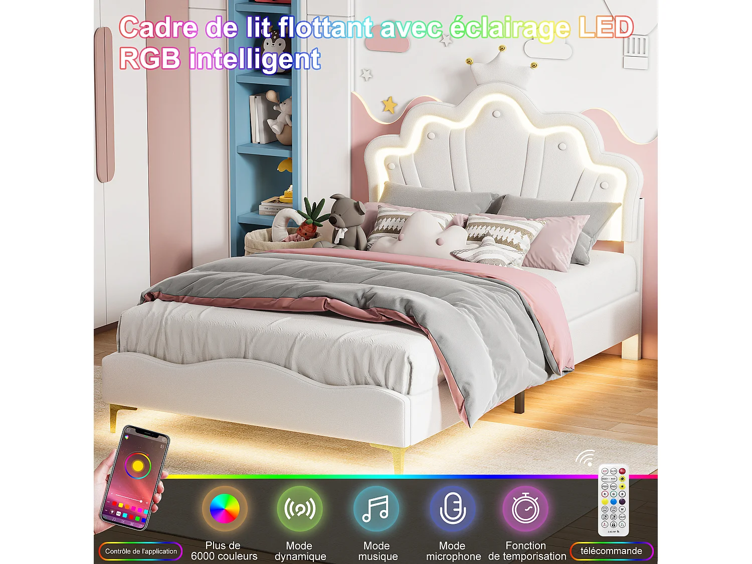 Lit Enfant Fille 140x190CM,Tête de lit Couronne LED RGB,Tête réglable,Lit princesse Sommier inclus,Tissu PU,Blanc