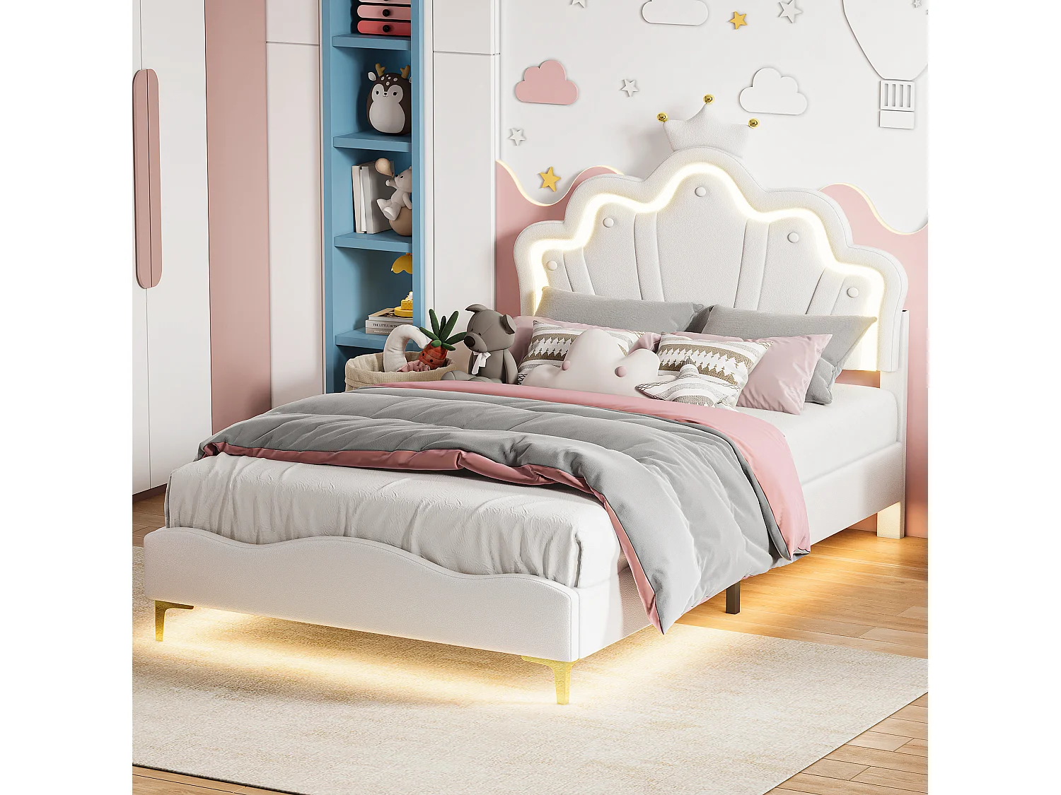 Lit Enfant Fille 140x190CM,Tête de lit Couronne LED RGB,Tête réglable,Lit princesse Sommier inclus,Tissu PU,Blanc