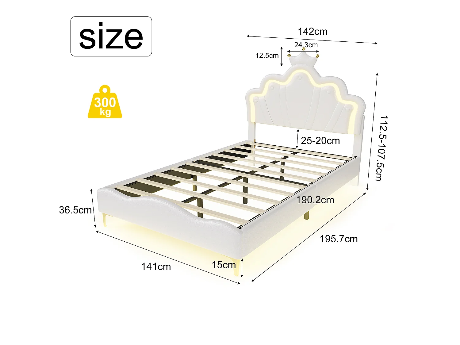 Lit Enfant Fille 140x190CM,Tête de lit Couronne LED RGB,Tête réglable,Lit princesse Sommier inclus,Tissu PU,Blanc