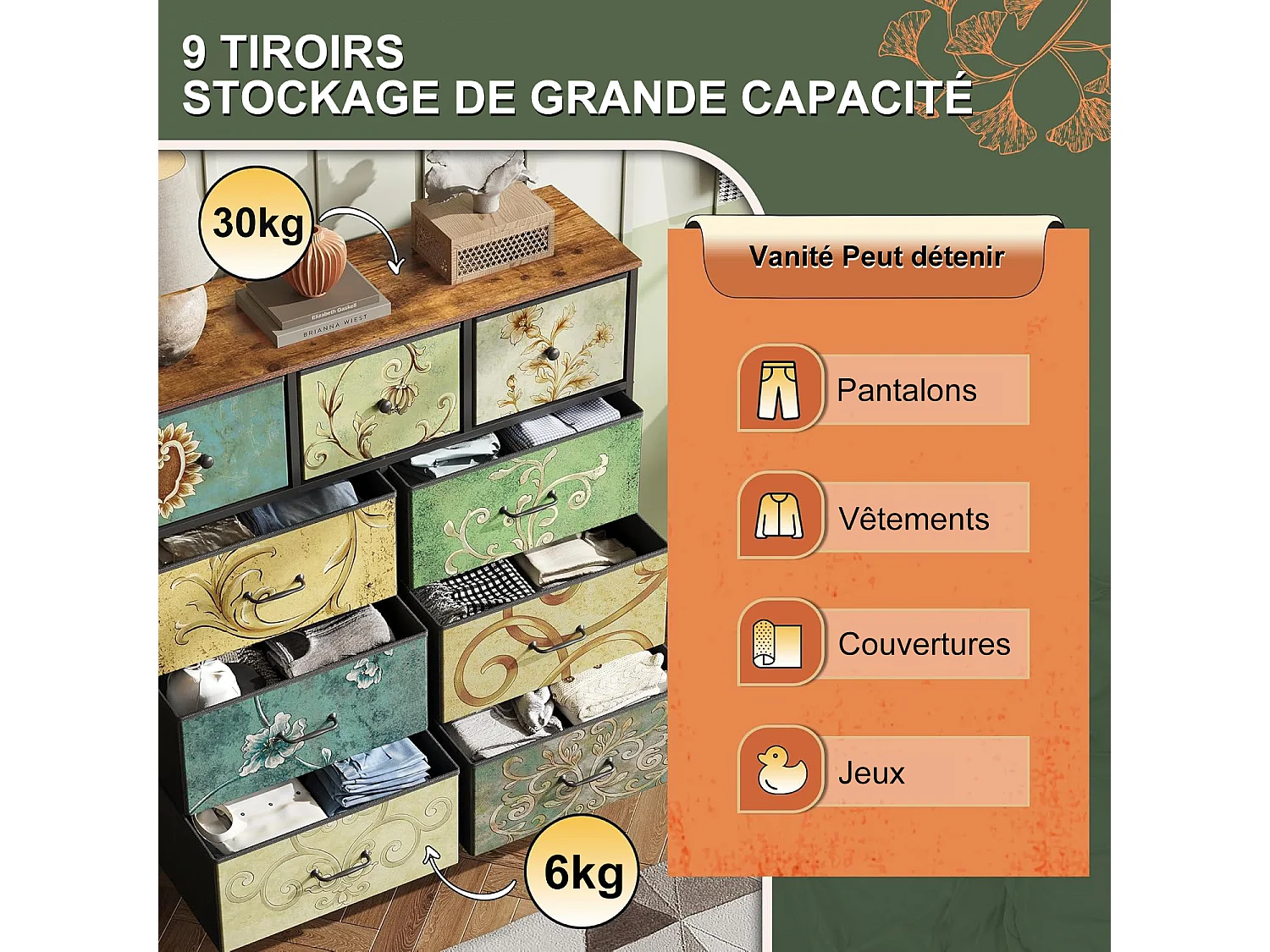Armoire De Rangement Avec 9 Tiroirs En Tissu, Commode Style Campagne Motif Floral Peint À La Main, Structure Acier, Pour Rangement Chambre