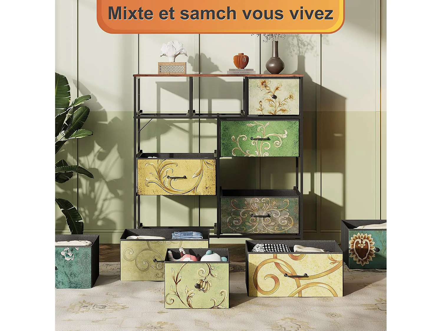 Armoire De Rangement Avec 9 Tiroirs En Tissu, Commode Style Campagne Motif Floral Peint À La Main, Structure Acier, Pour Rangement Chambre