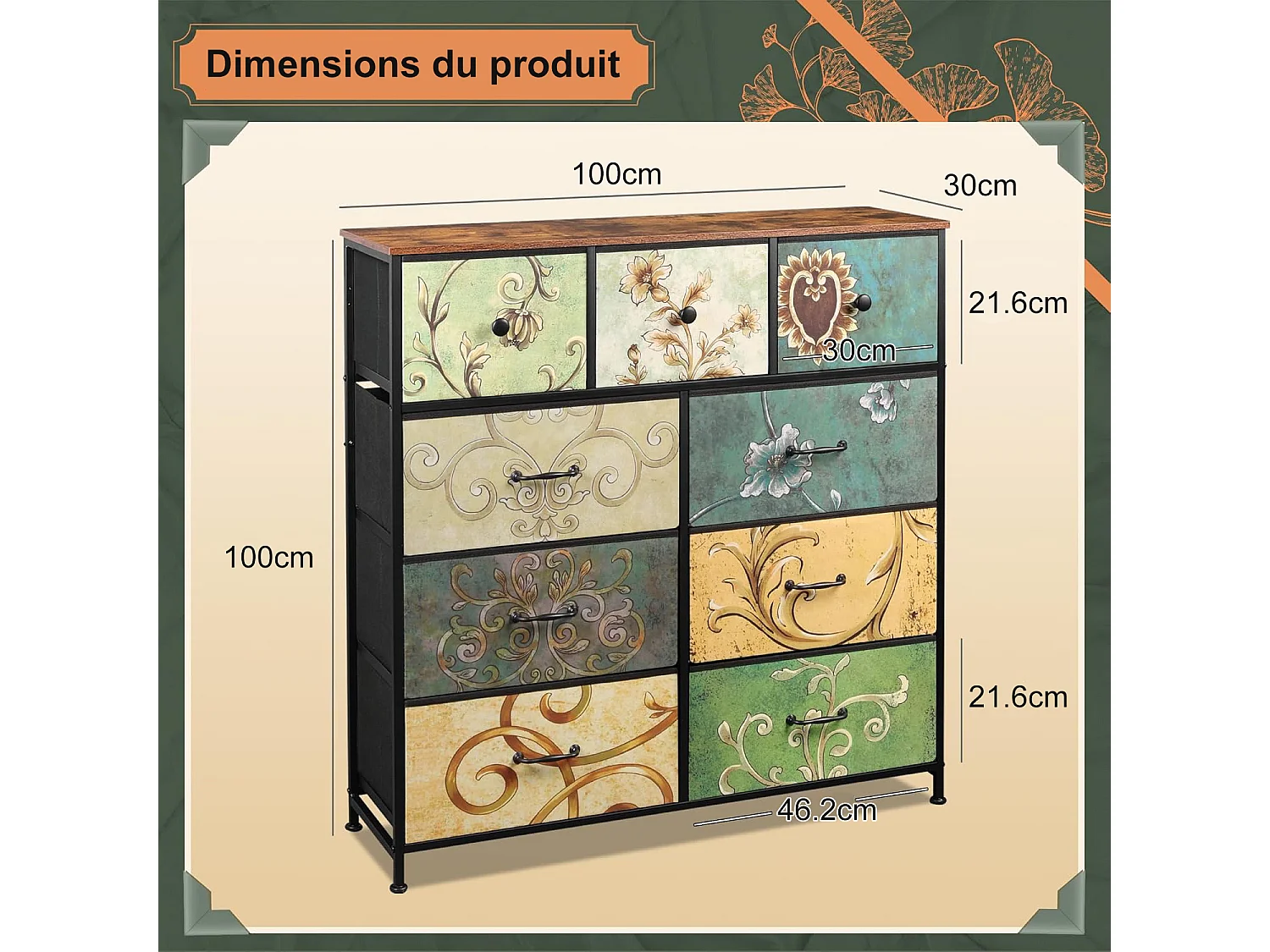 Armoire De Rangement Avec 9 Tiroirs En Tissu, Commode Style Campagne Motif Floral Peint À La Main, Structure Acier, Pour Rangement Chambre