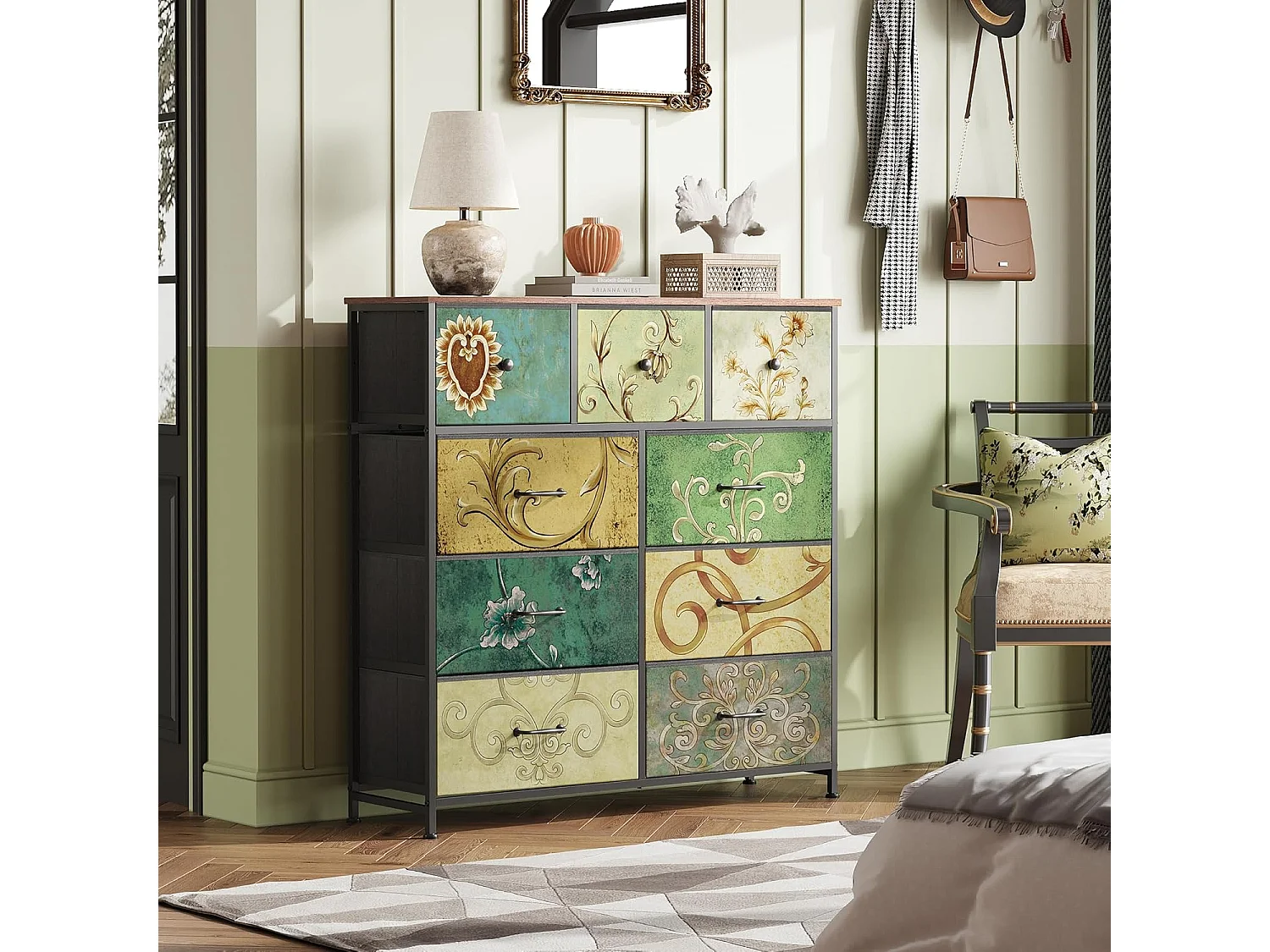 Armoire De Rangement Avec 9 Tiroirs En Tissu, Commode Style Campagne Motif Floral Peint À La Main, Structure Acier, Pour Rangement Chambre