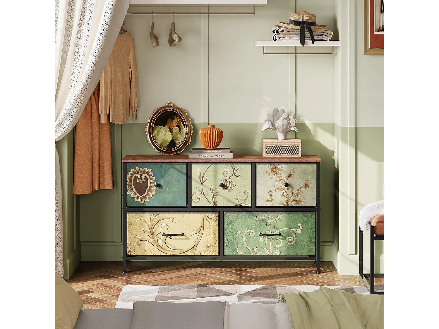 Commode 5 Tiroirs Tissu, Style Rustique Floral Rétro, Structure Acier, Rangement Multifonction Petite Chambre, 100x30x55,2cm