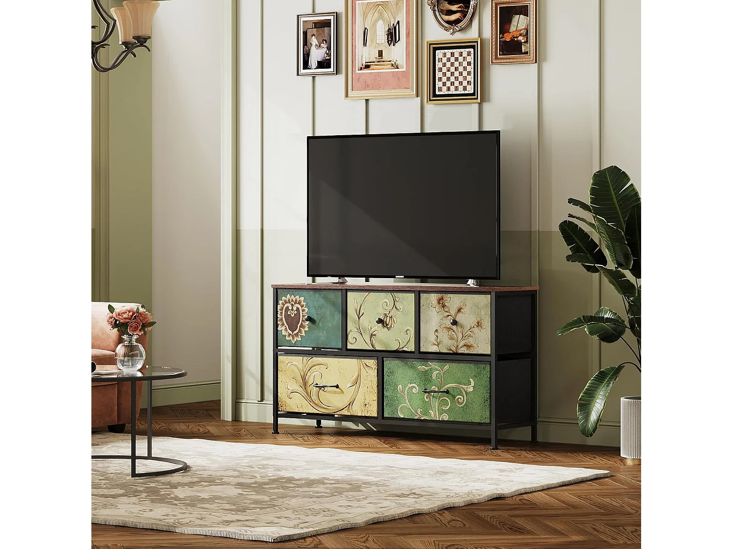 Commode 5 Tiroirs Tissu, Style Rustique Floral Rétro, Structure Acier, Rangement Multifonction Petite Chambre, 100x30x55,2cm