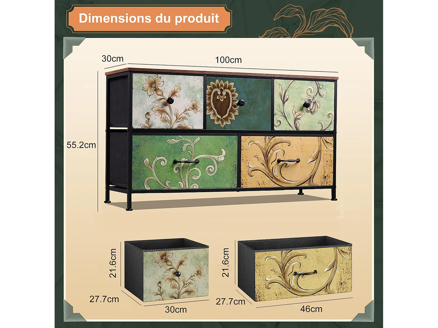 Commode 5 Tiroirs Tissu, Style Rustique Floral Rétro, Structure Acier, Rangement Multifonction Petite Chambre, 100x30x55,2cm