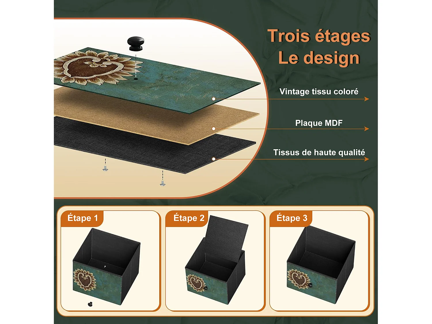 Commode 5 Tiroirs Tissu, Style Rustique Floral Rétro, Structure Acier, Rangement Multifonction Petite Chambre, 100x30x55,2cm