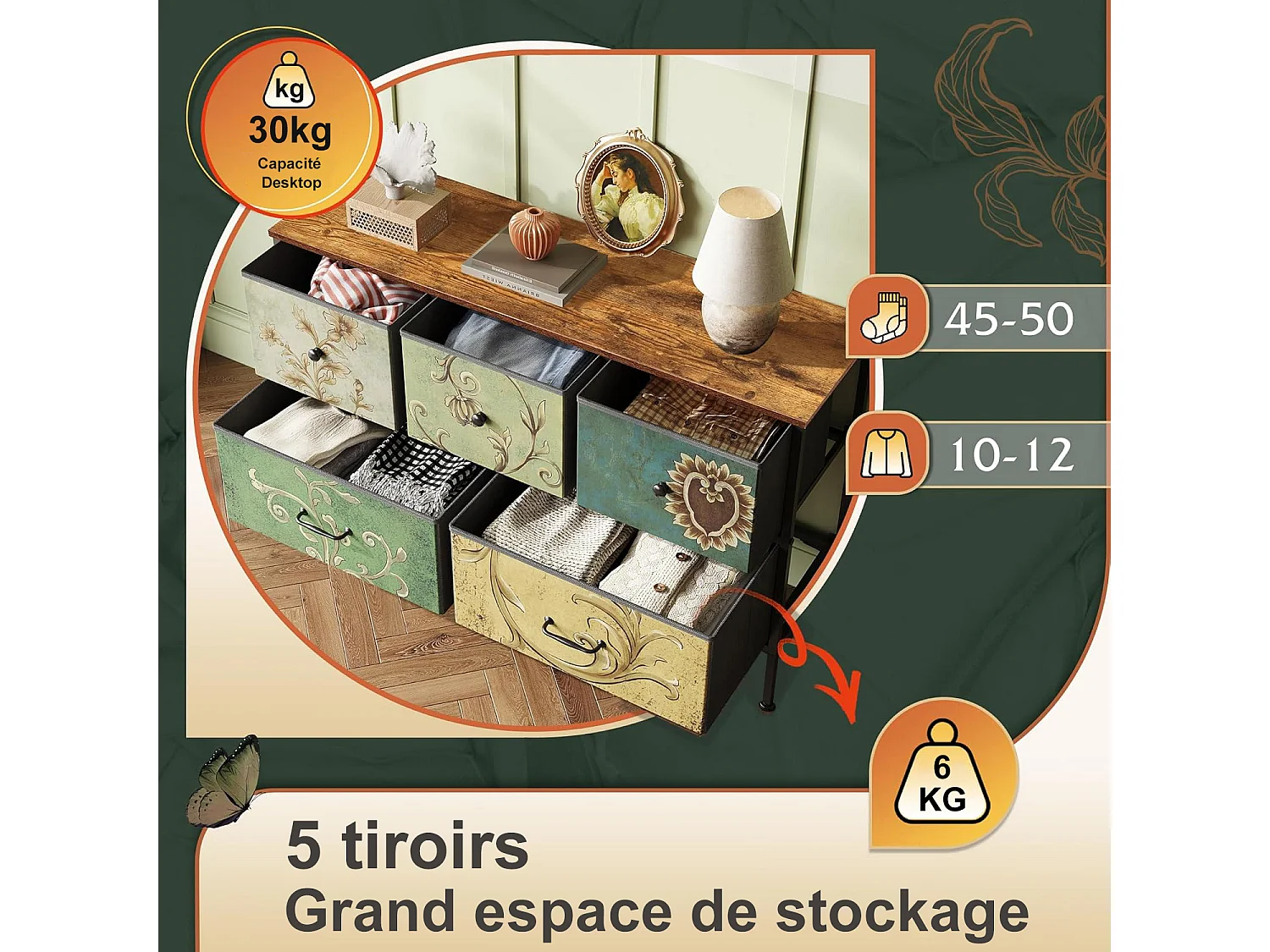Commode 5 Tiroirs Tissu, Style Rustique Floral Rétro, Structure Acier, Rangement Multifonction Petite Chambre, 100x30x55,2cm