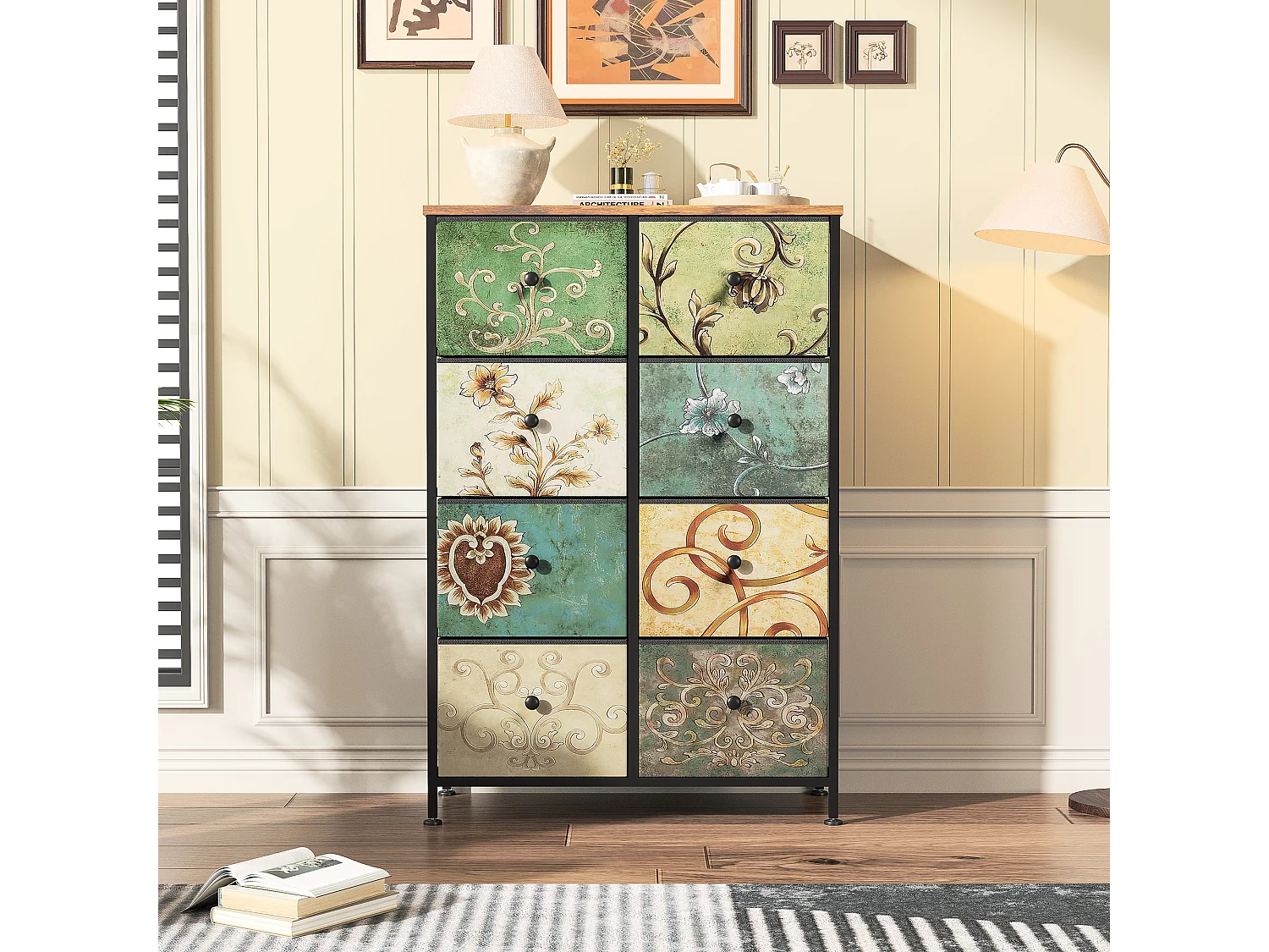 Armoire De Rangement Avec 8 Tiroirs En Tissu, Commode Style Campagne Motif Floral Peint À La Main, Structure Acier, Pour Rangement Chambre
