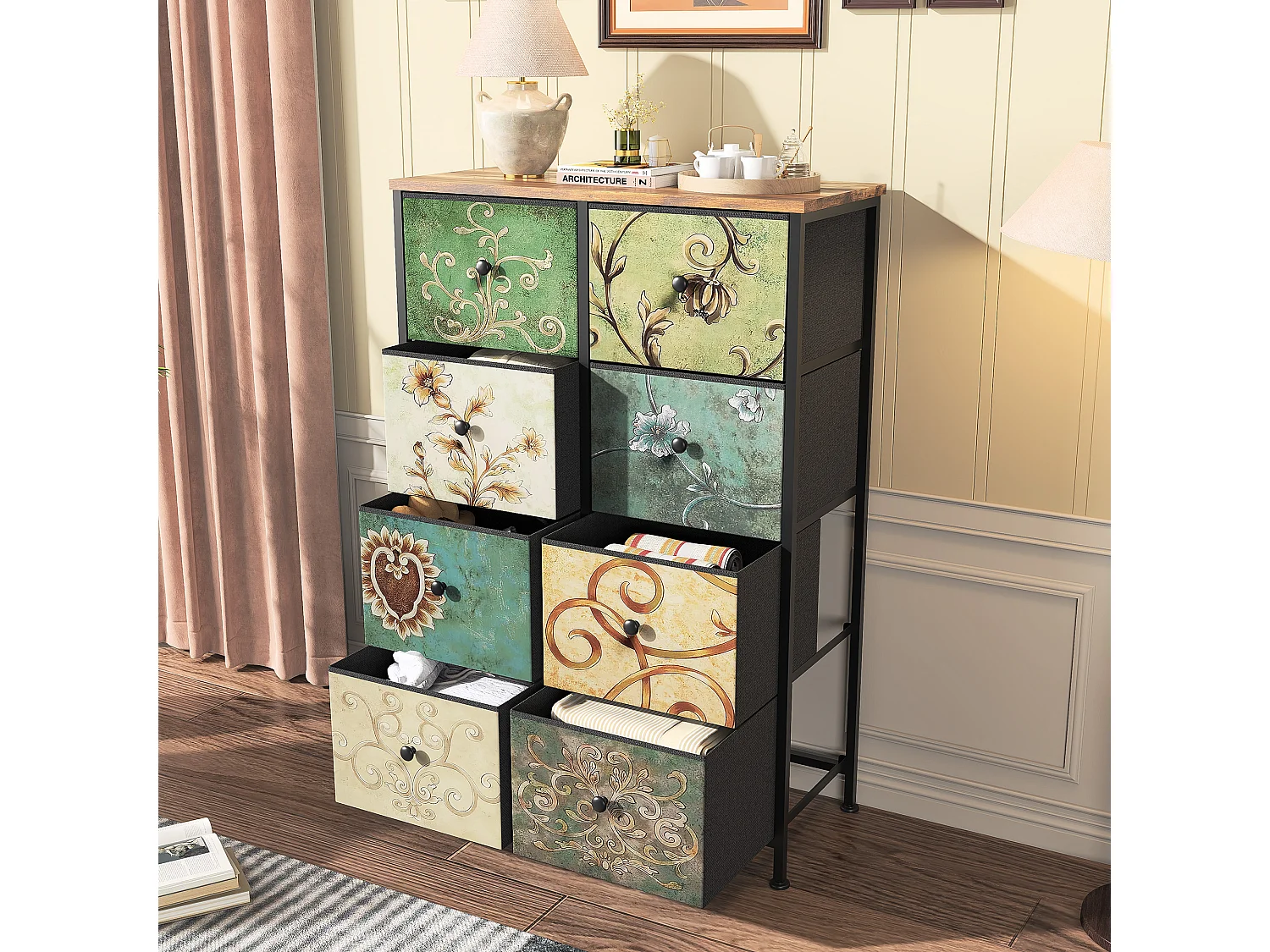 Armoire De Rangement Avec 8 Tiroirs En Tissu, Commode Style Campagne Motif Floral Peint À La Main, Structure Acier, Pour Rangement Chambre