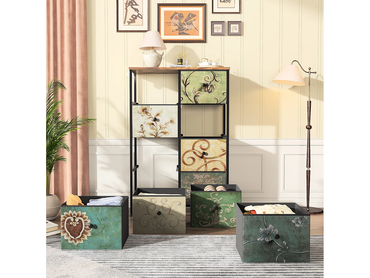 Armoire De Rangement Avec 8 Tiroirs En Tissu, Commode Style Campagne Motif Floral Peint À La Main, Structure Acier, Pour Rangement Chambre
