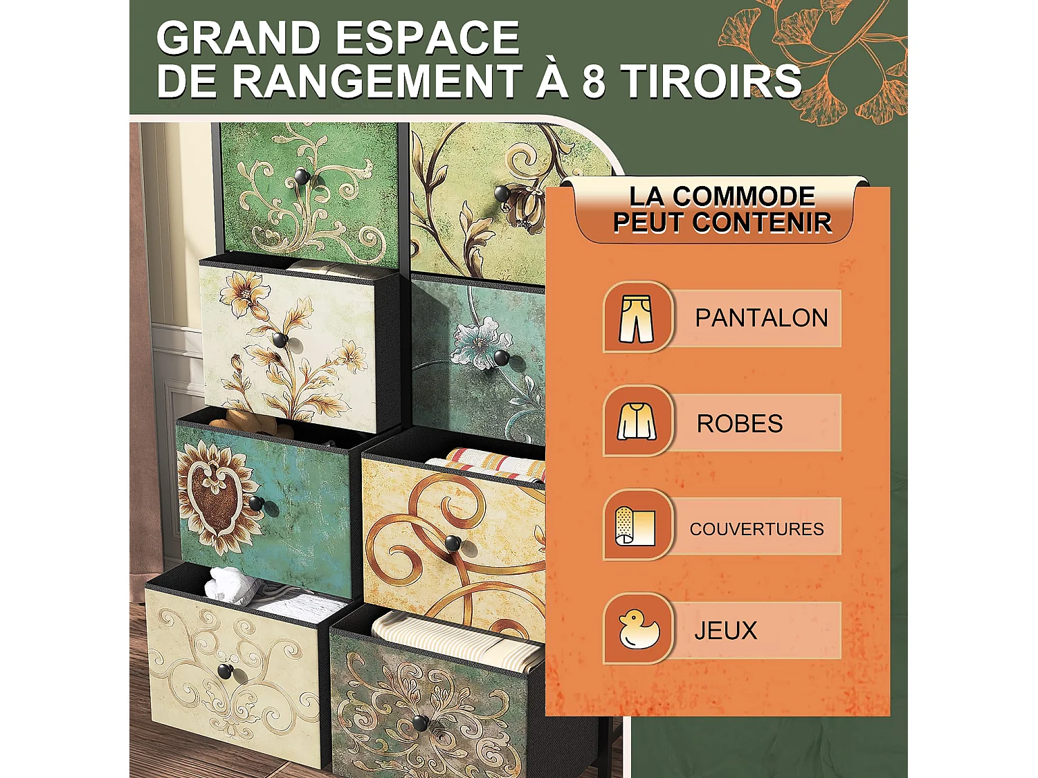 Armoire De Rangement Avec 8 Tiroirs En Tissu, Commode Style Campagne Motif Floral Peint À La Main, Structure Acier, Pour Rangement Chambre