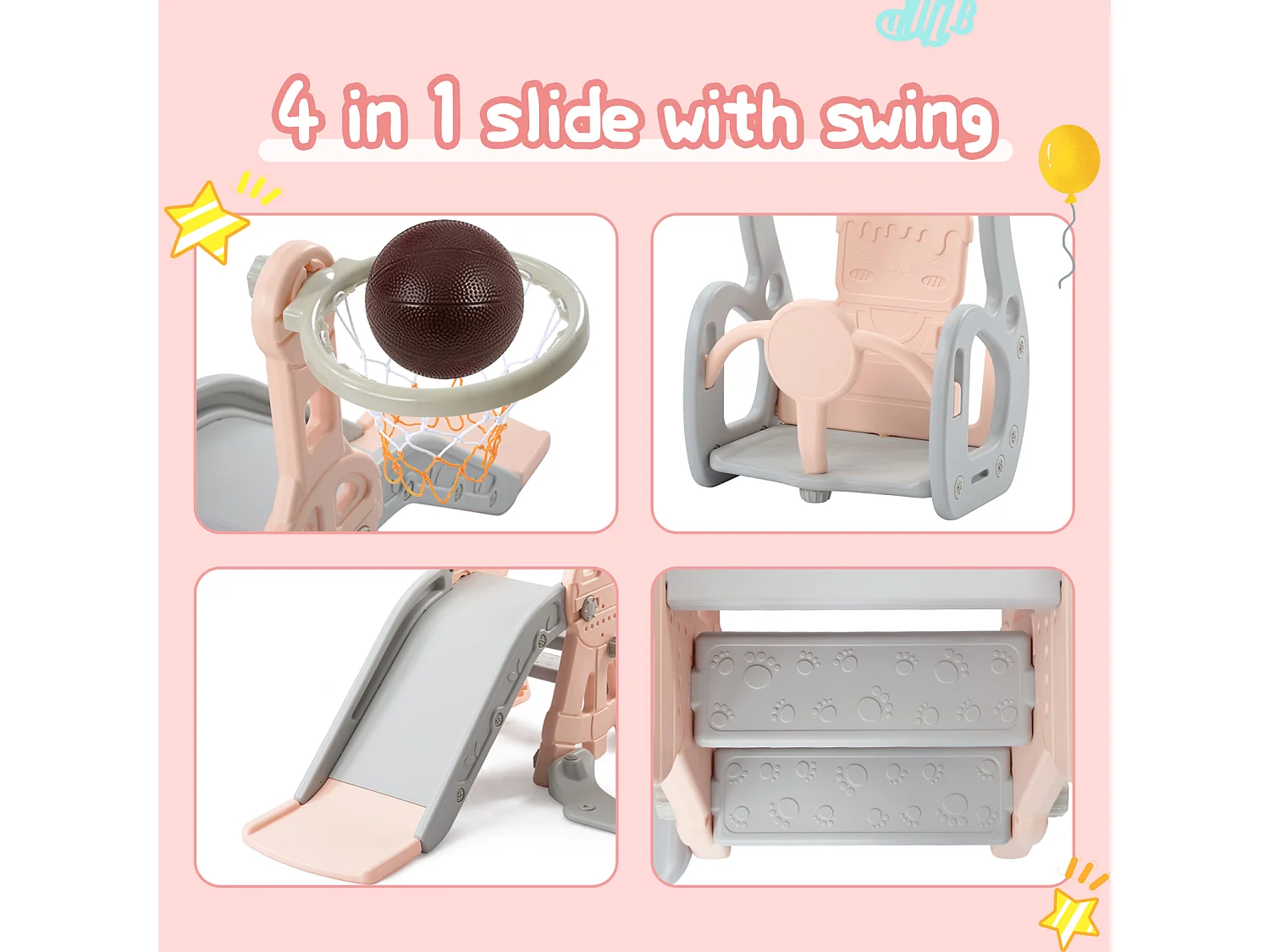 Ensemble de jeu 4‑en‑1 pour enfants,toboggan panier de basket et chaise à bascule,Adapté pour usage intérieur et extérieur,couleur rose